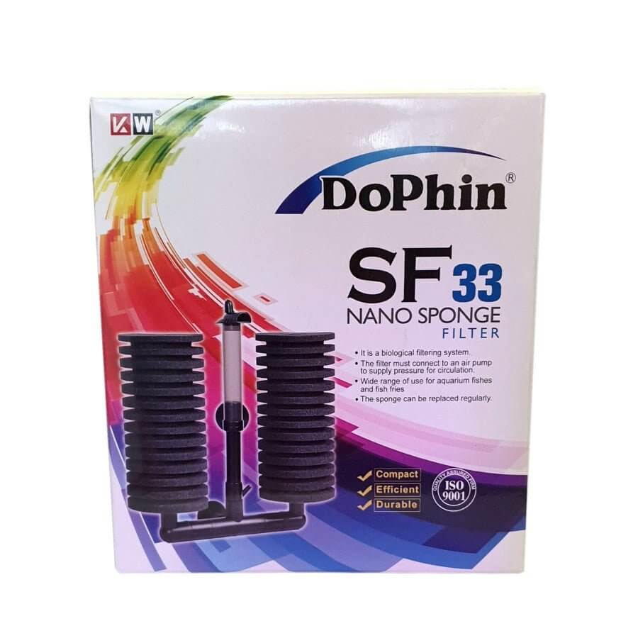 Dophin SF33 Nano Sponge Filter box, a biological filter for aquariums with replaceable sponge and air pump connection.