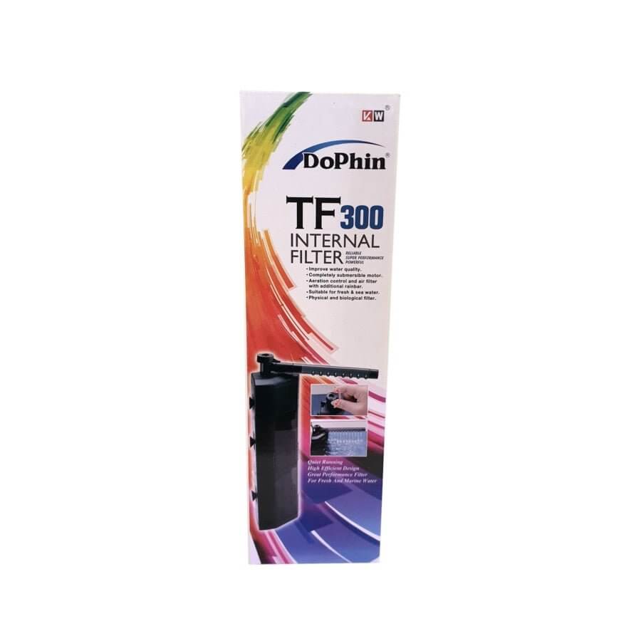 Dophin TF300 Internal Filter packaging for improved water quality in aquariums, suitable for fresh and seawater.