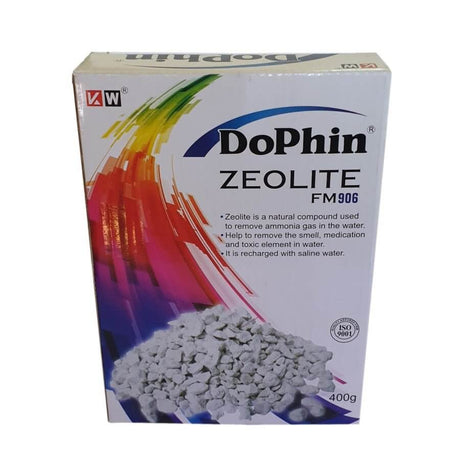 Dophin Zeolite Ammonia Chips 400g packaging, effective for removing ammonia and toxins in water.