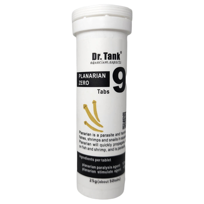 Dr. Tank 9 Planaria Zero 25g tablet container for treating aquarium parasites.