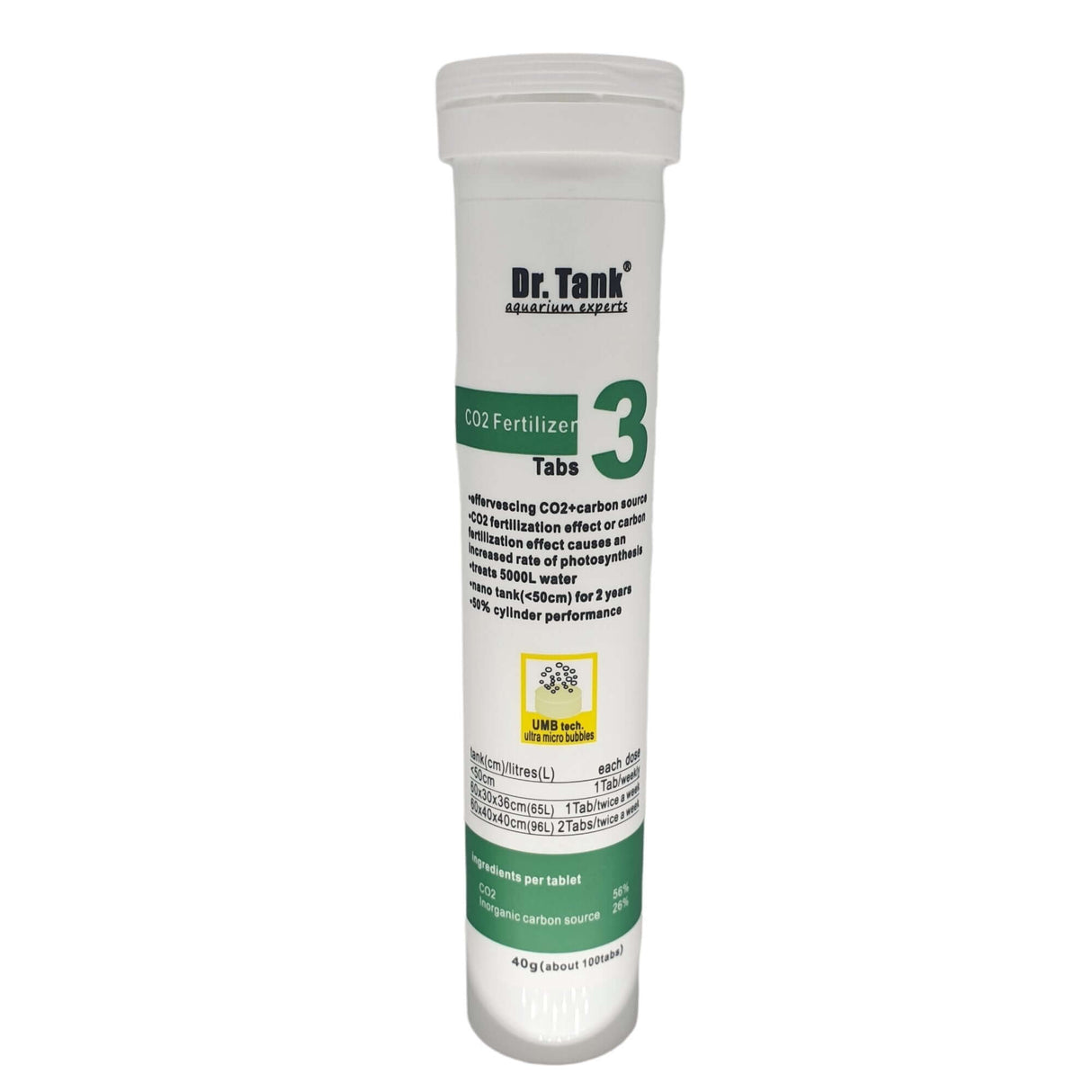 Dr. Tank 3 CO2 tablets 40g, 100 effervescent tablets for aquarium use, enhancing photosynthesis with inorganic carbon sources.