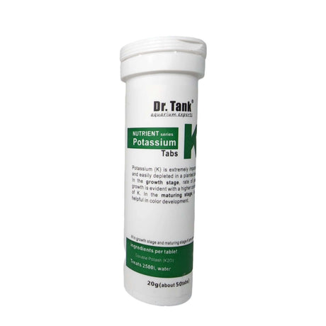 Dr. Tank K Potassium Tablets 20g container for aquarium plant growth and color enhancement.