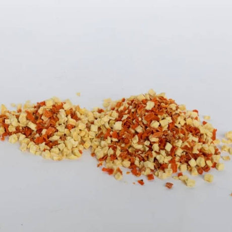 Chopped carrot and apple blend, showcasing natural ingredients for pet health and nutrition.