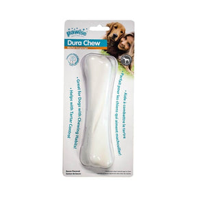 Dura Chews Chicken Flavor Bones packaging for powerful chewers, featuring bacon flavor and tartar control benefits for dogs.