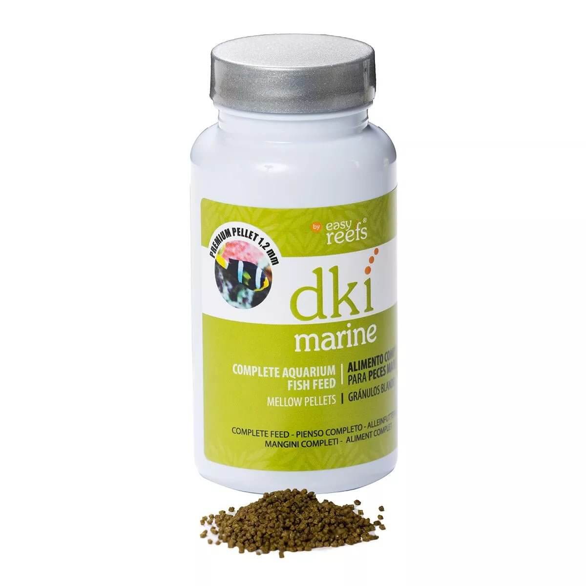Easy Reefs DKI Marine Fish Food Pellets in a container with pellets scattered, ideal for omnivorous saltwater fish nutrition.