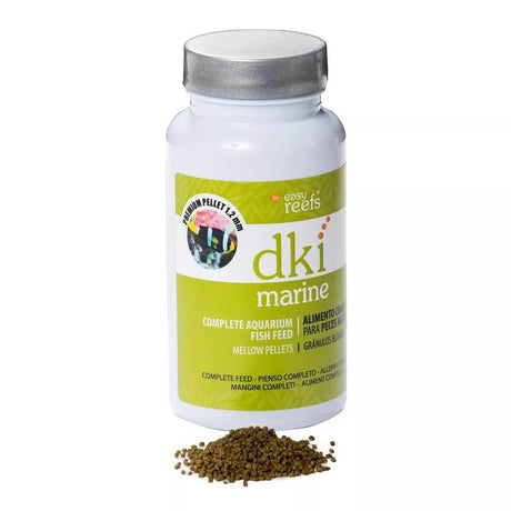 Easy Reefs DKI Marine Fish Food Pellets in a container with pellets scattered, ideal for omnivorous saltwater fish nutrition.