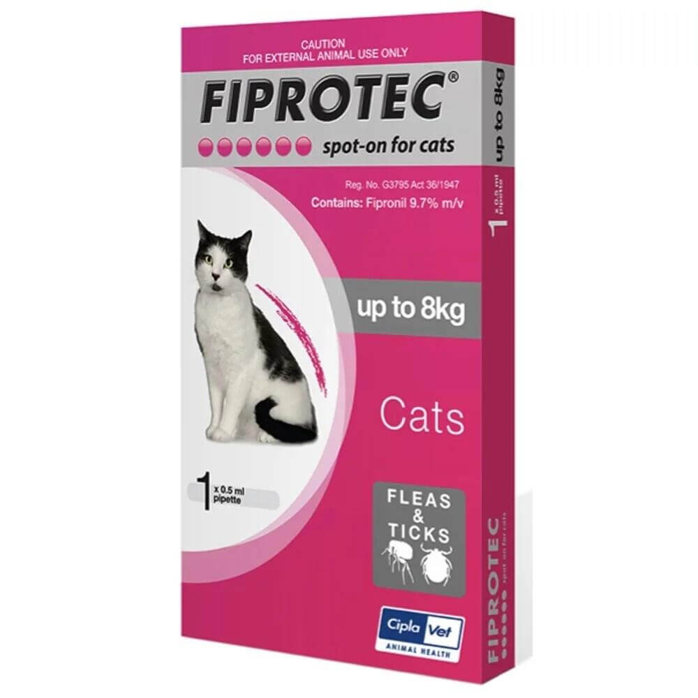 Fiprotec Spot-On for Cats packaging, effective flea and tick treatment for cats under 8kg.