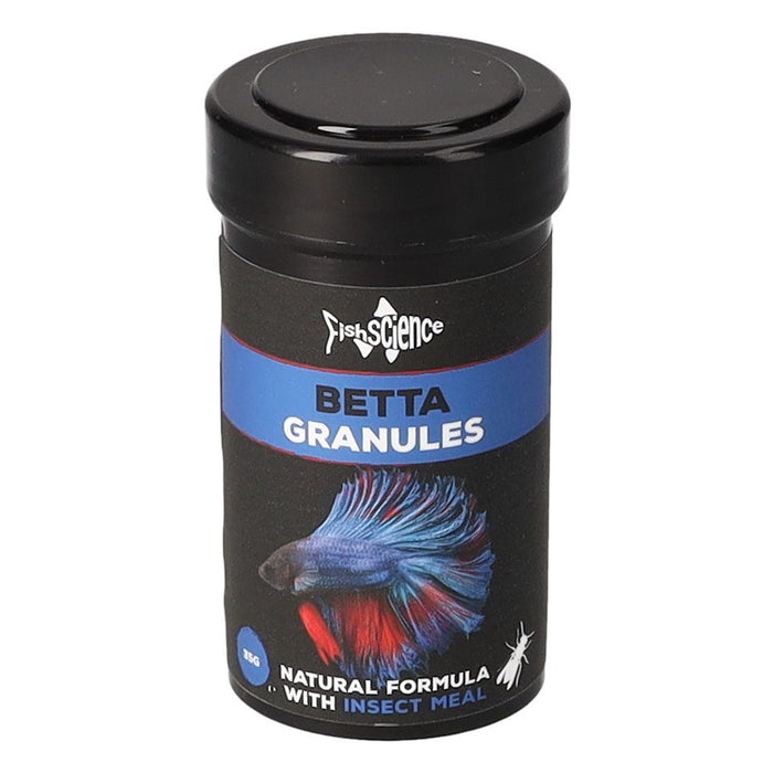 Fish Science Betta Granules 35g jar featuring natural insect meal formula for healthy Betta fish diet.