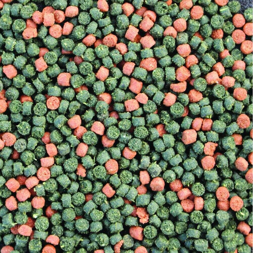 Fish Science Malawi Pellet Food, premium algae and vegetable-based pellets for cichlids, showcasing vibrant green and red colors.