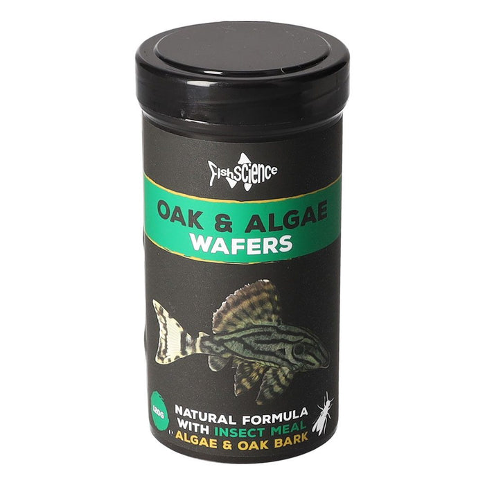 Fish Science Oak and Algae Wafers container featuring natural formula for aquarium fish with oak bark and algae.