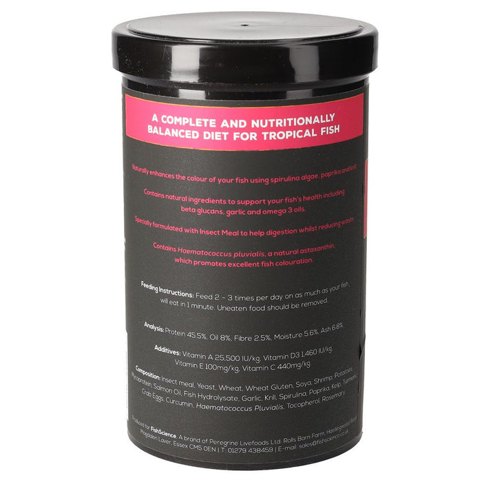 Fish Science Tropical Flakes canister with nutritional details for healthy tropical fish diet.