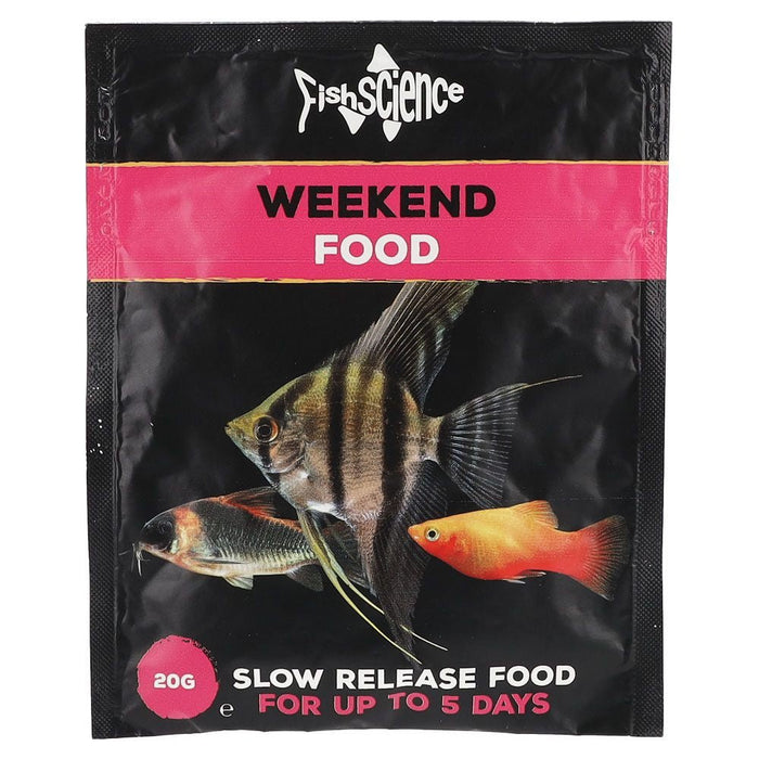 Fish Science Weekend Food 20g packaging for aquarium fish, offering slow release nourishment for up to 5 days.