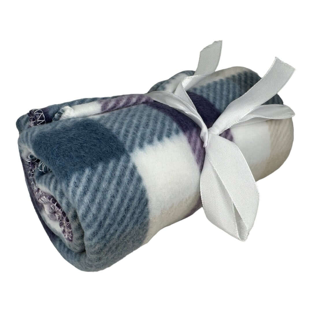 Cozy rolled fleecy pet blanket in blue and white plaid design, tied with a ribbon, 750 x 750mm size.
