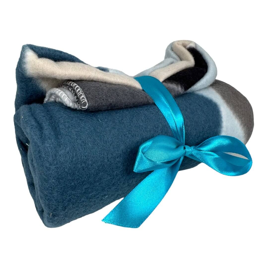 Rolled fleecy pet blanket in assorted colors, tied with a turquoise ribbon, measuring 750 x 750mm.