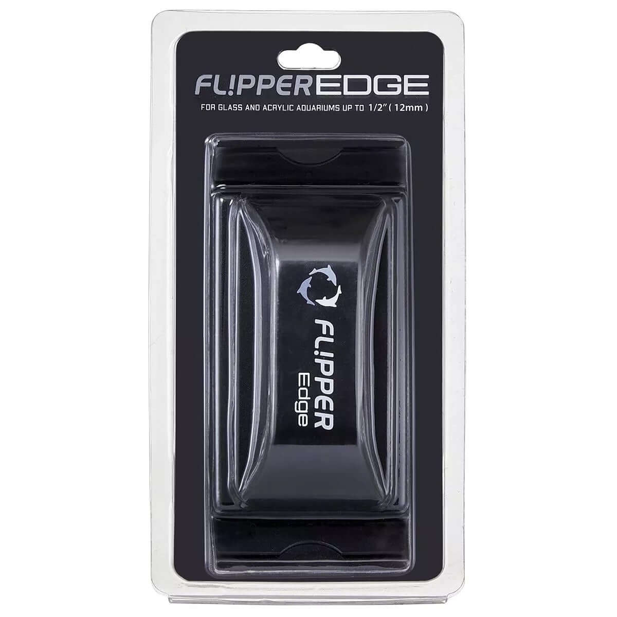 Flipper Edge Aquarium Magnet Cleaner packaging for glass and acrylic tanks up to 12mm, featuring dual-blade cleaning power.
