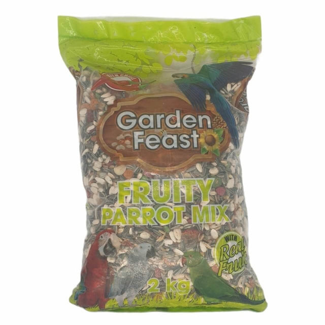 Garden Feast Fruity Parrot Mix 2kg bag, ideal blend for macaws and parakeets with real fruit and nuts.