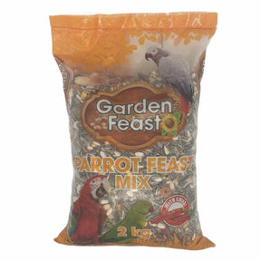 2kg Garden Feast Parrot Mix bag containing nutritious seeds and pellets for Macaws, African grays, and Parakeets.