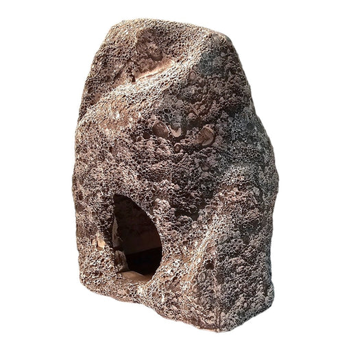 Grain stone cave ornament for aquariums, ideal hiding spot for small fish and shrimp, ceramic material, filtration function.