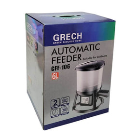 Grech Automatic Pond Feeder CFF-106 6L packaging highlighting its outdoor suitability and features.