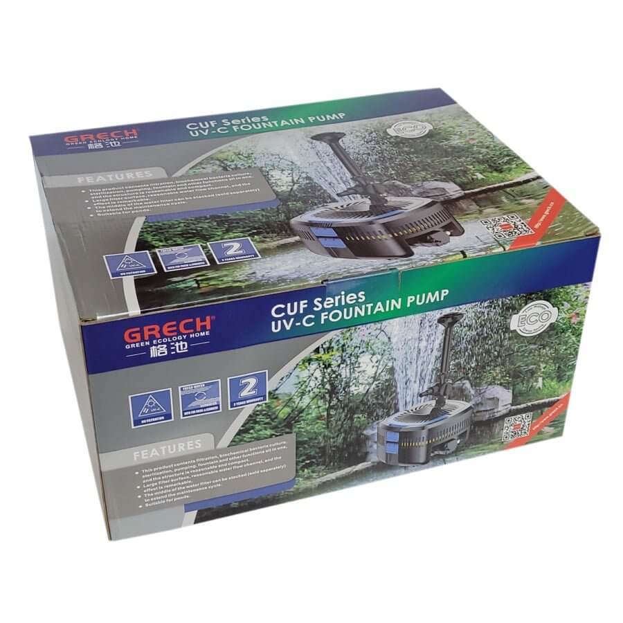 Grech CUF Series UV-C Fountain Pump packaging for pond filtration and UV sterilization solutions.