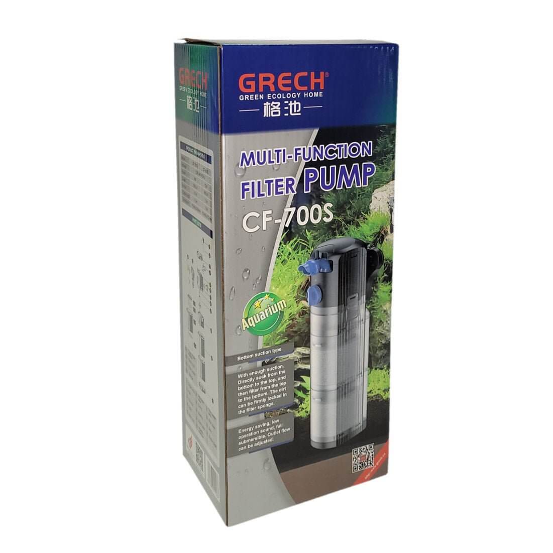 Grech CF-700S multi-function aquarium filter pump packaging with clear design and features displayed.