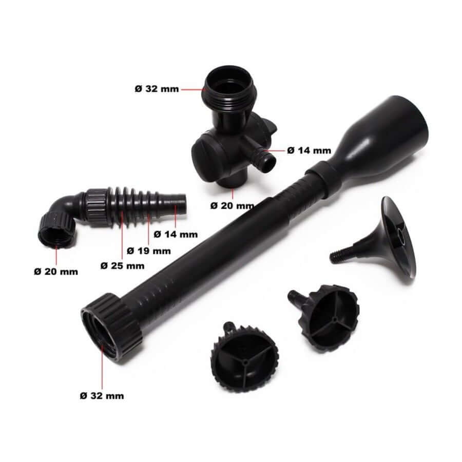 Grech CUF Pond Filter installation parts, including various connectors and tubes for easy setup in ponds.