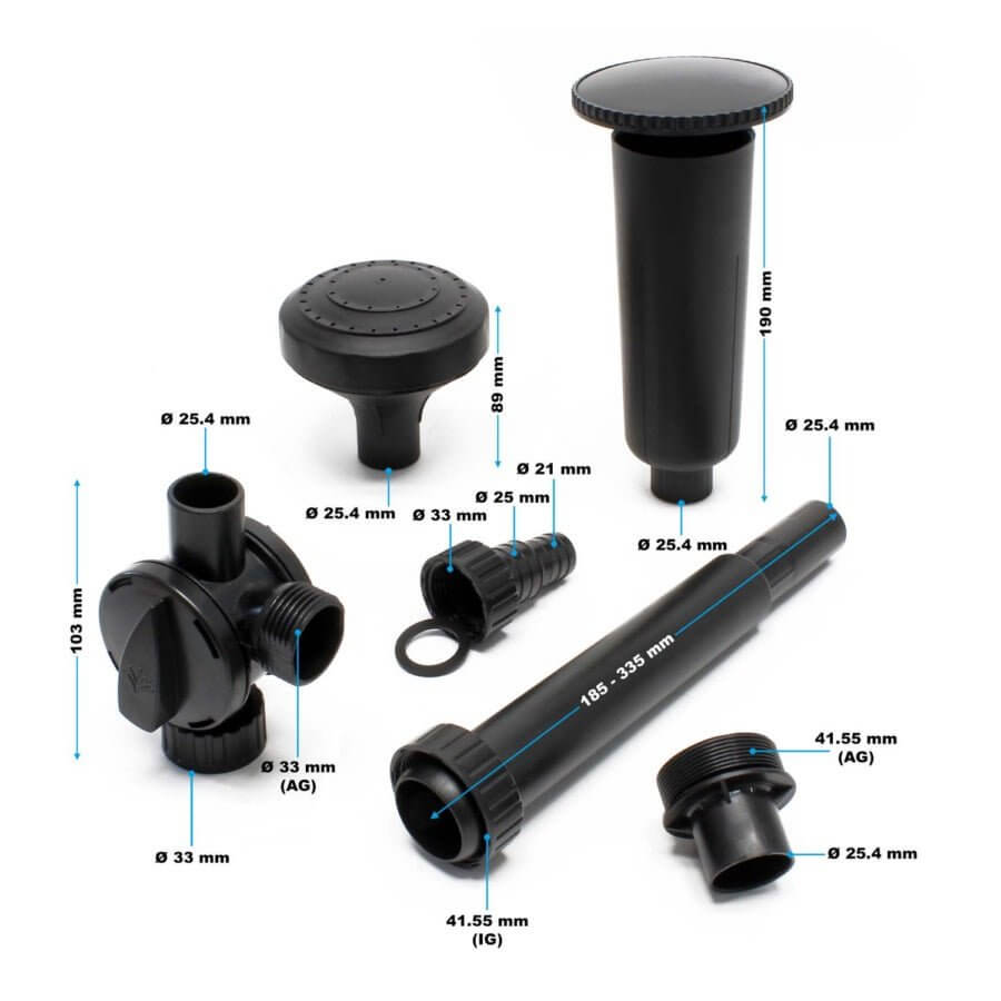 Grech CUF Pond Filter assembly parts with dimensions for easy installation and maintenance in pond systems.