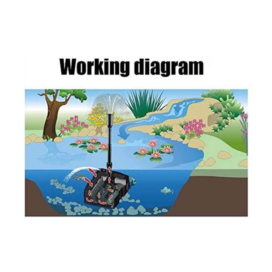 Working diagram of Grech Pond Internal Fountain and Filter showing water flow and features in a pond setting.
