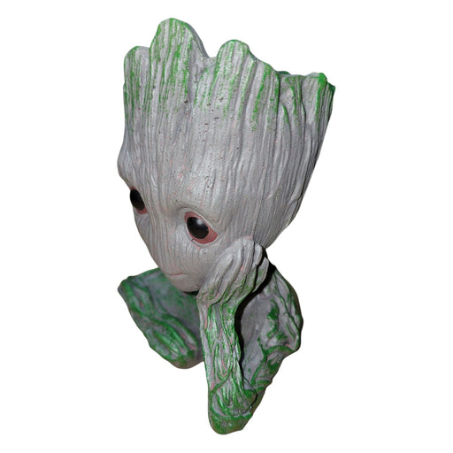 Groot flower pot head ornament ideal for succulents, desk organization, or aquarium decor, 11 x 8 x 13cm in size.