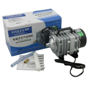 Hailea air compressor pump with accessories, designed for efficient oxygen supply in aquariums and aquaponics systems.
