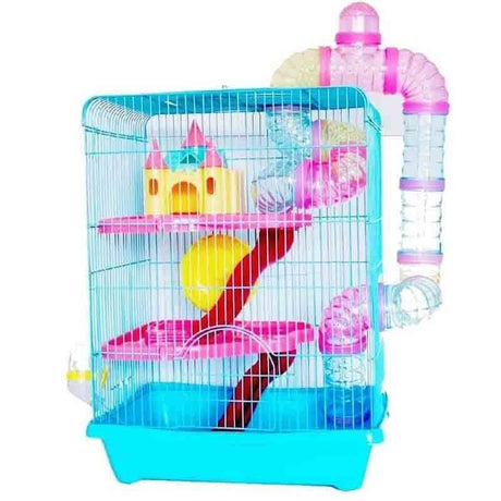Hamster Cage Castle Series Blue YDA307 featuring colorful levels, a castle, tunnel, and accessories for small pets.