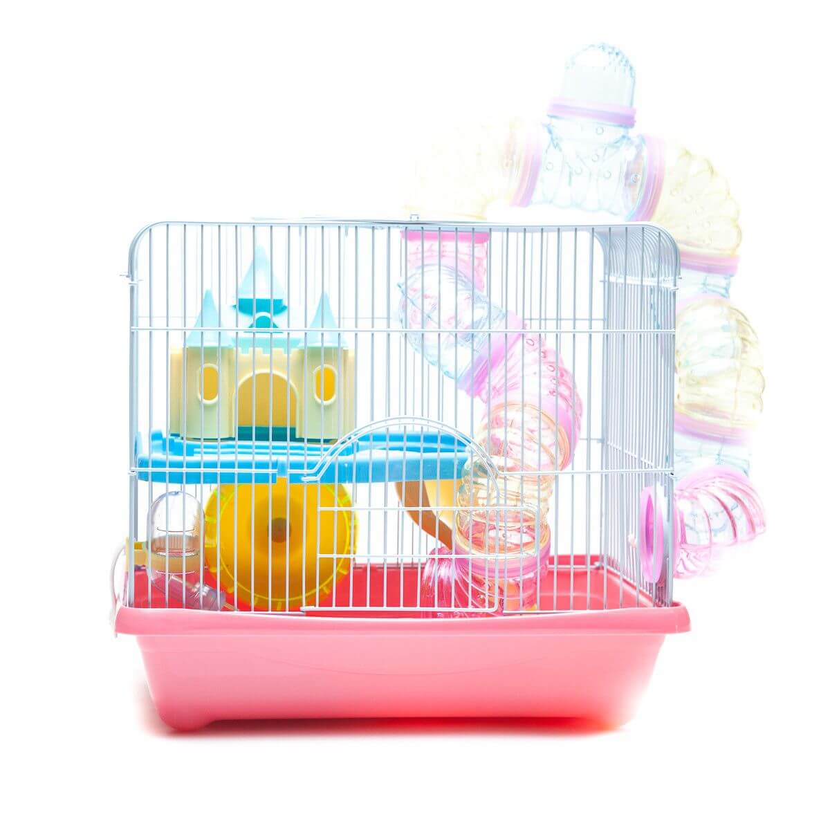 Hamster Cage Castle Series YDA306 with colorful castle, wheel, and tube tunnels in a pink plastic base. Size: 35x31x26cm.