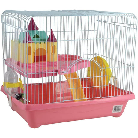 Hamster Cage Castle Series YDA306 in assorted colors with a plastic base, wheel, tube tunnel, and castle features.