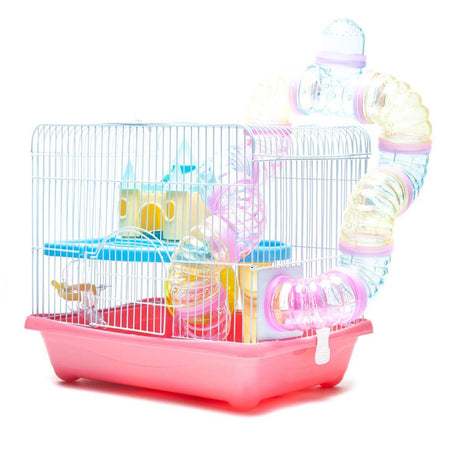 Hamster Cage Castle Series YDA306 with assorted colors, includes wheel, tunnel, bowl, and bottle for pet comfort.