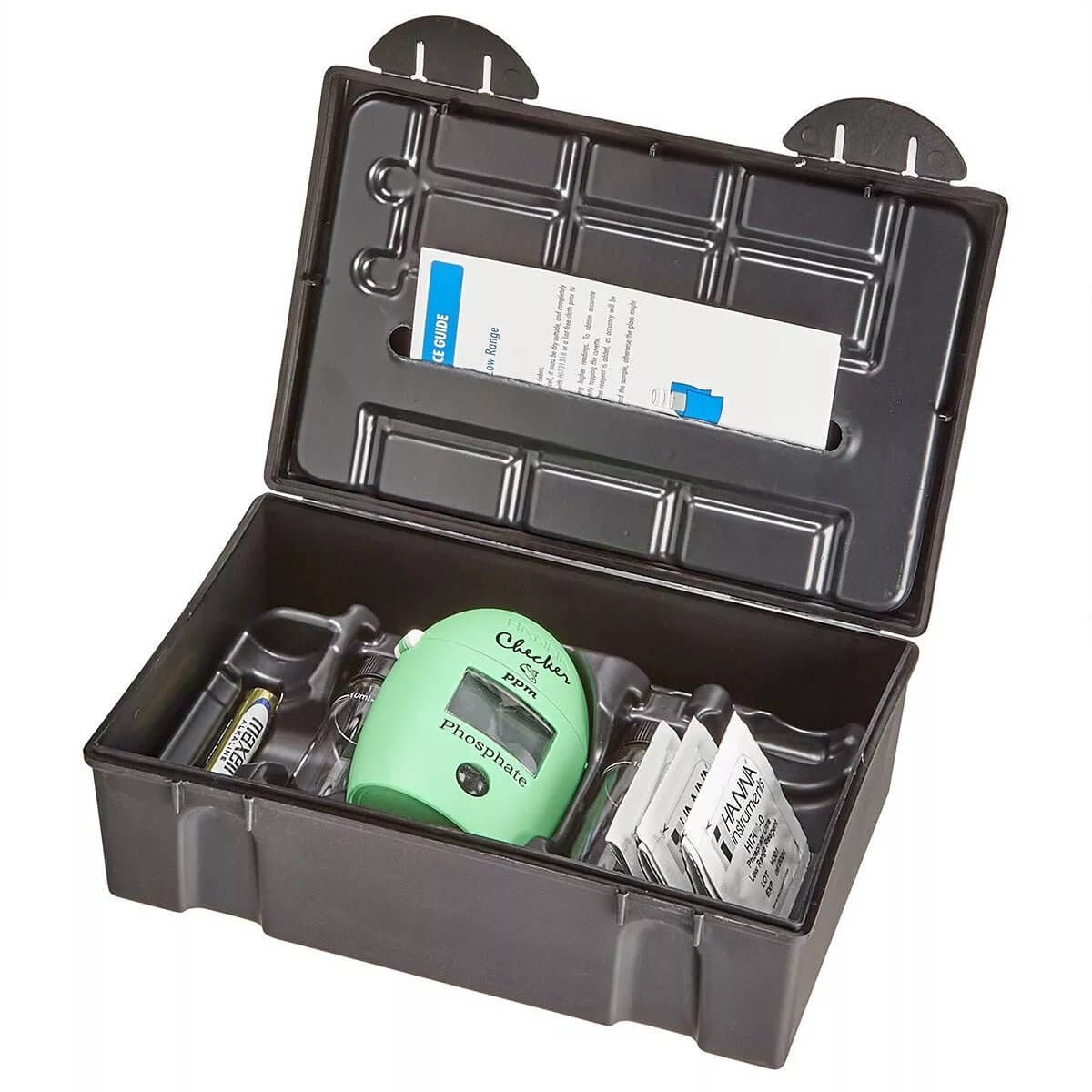 Hanna HI713 Phosphate Low Range Colorimeter checker kit, showcasing compact case with essential testing components and instructions.