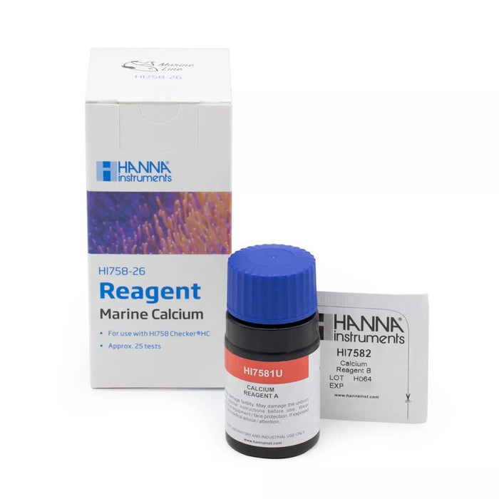 Hanna HI758-26 Marine Calcium Checker reagents with box and individual packets for 25 tests. Ideal for aquarium use.