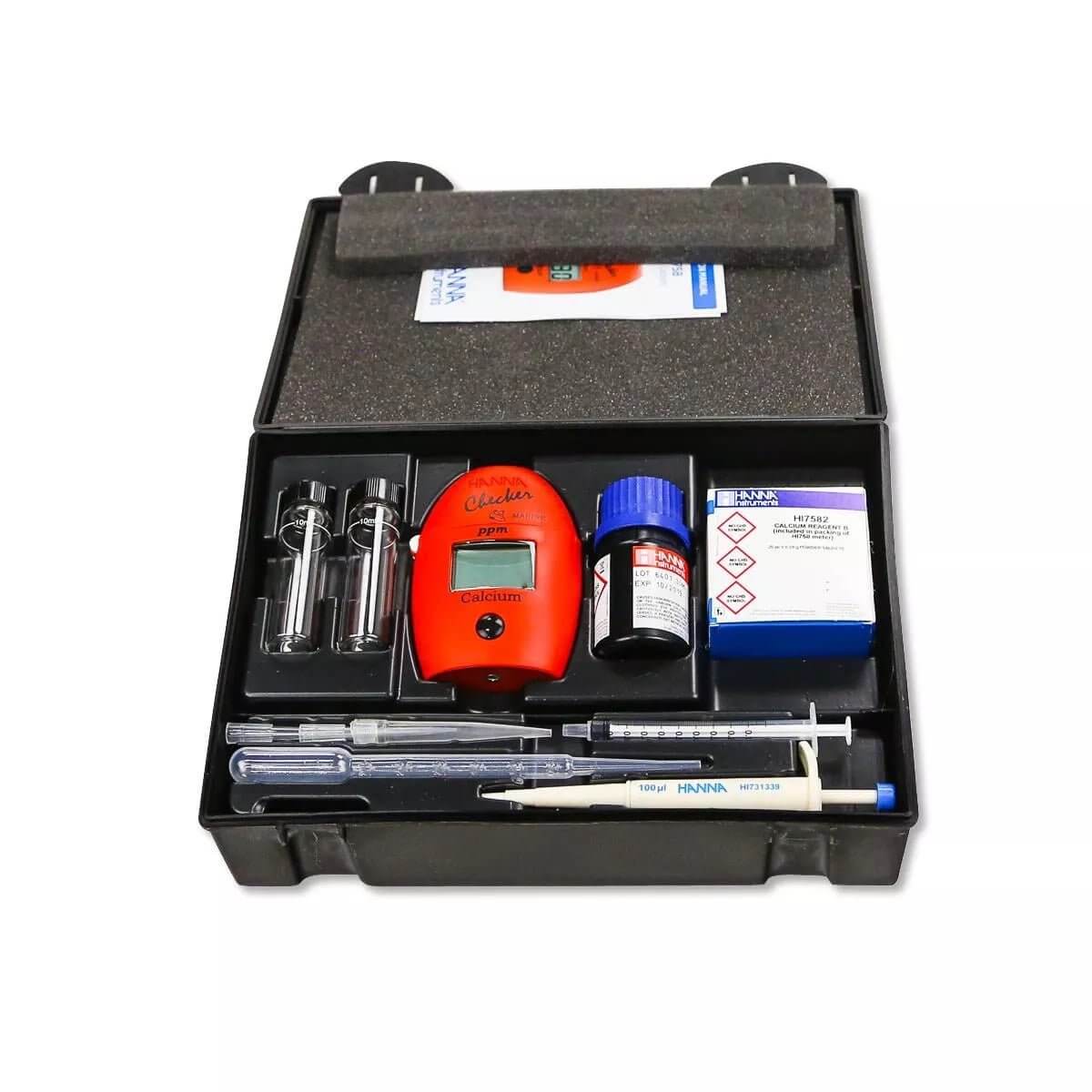 Hanna HI758 Calcium Colorimeter Marine Checker kit with test tubes, reagents, and accessories for accurate calcium measurement.