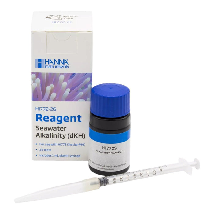 Hanna HI772-26 Alkalinity Reagent for seawater testing, includes syringe for 25 tests, compatible with HI772 and HI97105 photometer.