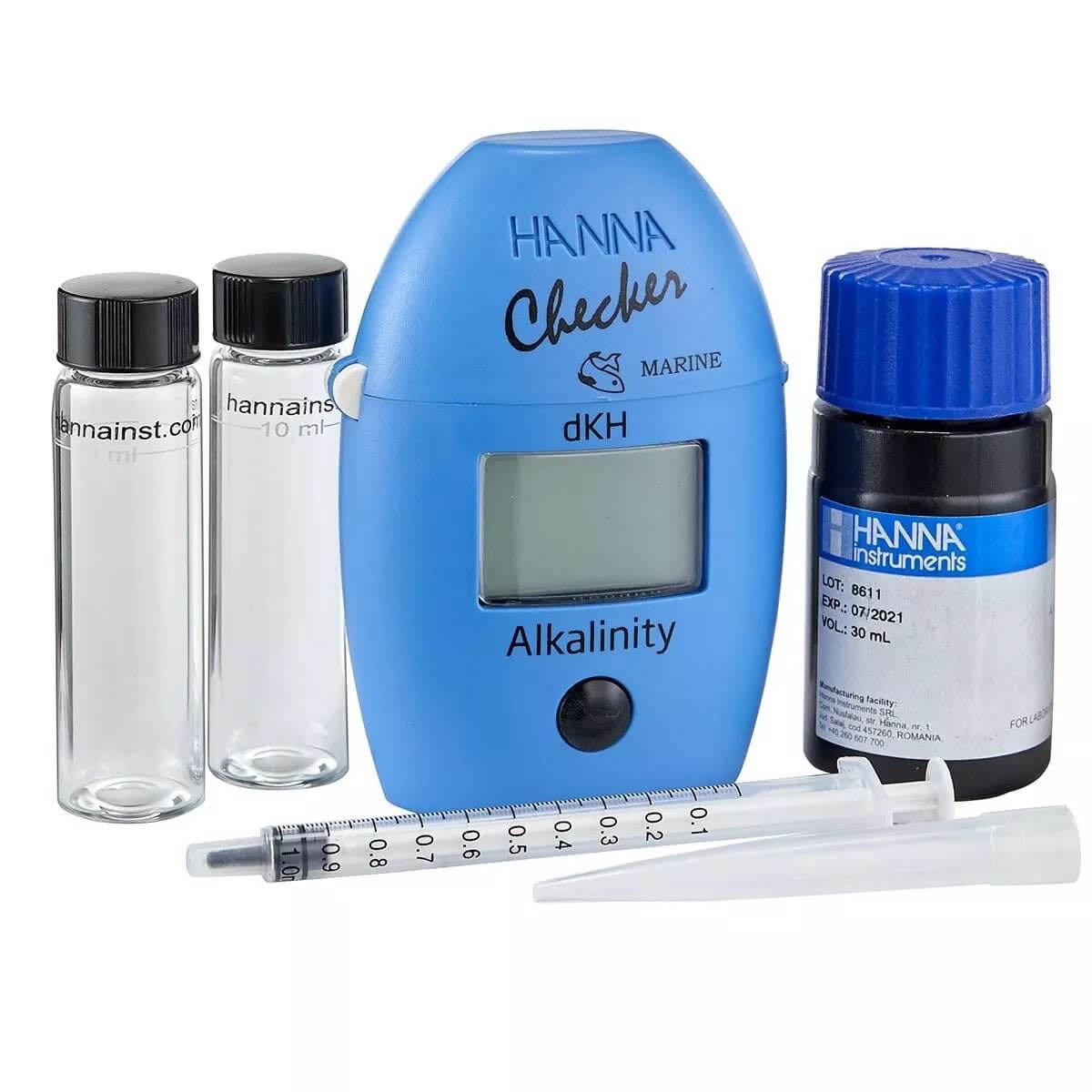 Hanna HI772 Alkalinity dKH Colorimeter with accessories for accurate marine aquarium testing.