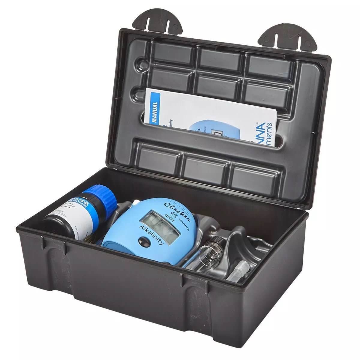 Hanna HI772 Alkalinity dKH Colorimeter Marine Checker kit with components inside a black storage case.