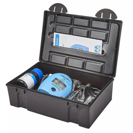 Hanna HI772 Alkalinity dKH Colorimeter Marine Checker kit with components inside a black storage case.
