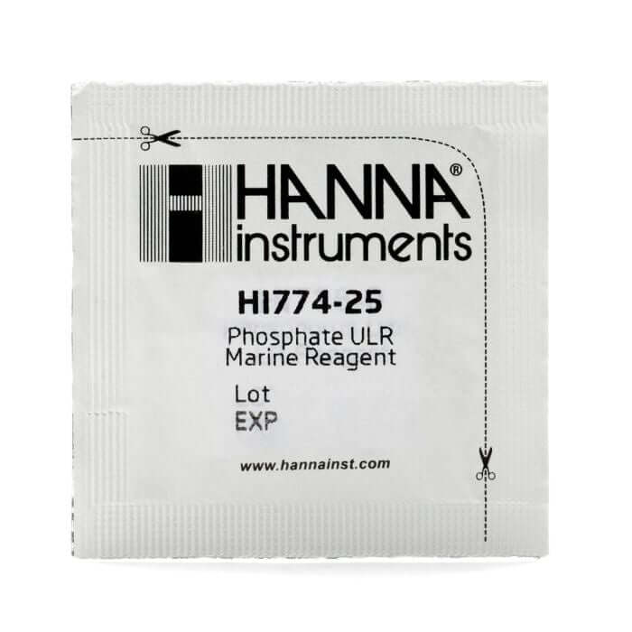 Hanna HI774-25 Phosphate ULR Marine Reagent packet for handheld colorimeter, perfect for marine water testing.