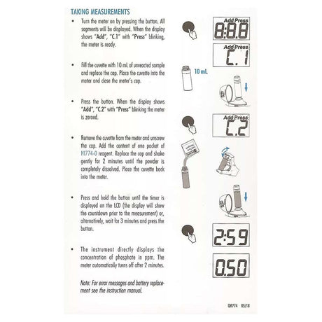 Instructions for using Hanna HI774 Phosphate Colorimeter, detailing measurement steps and display readings.