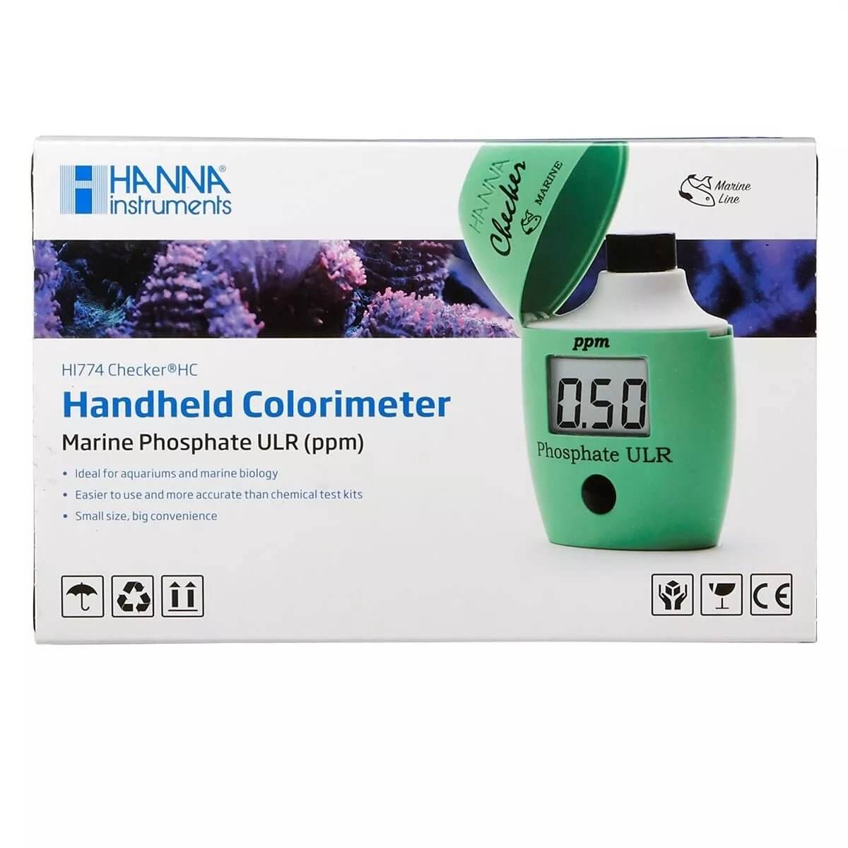 Hanna HI774 Phosphate Ultra Low Range PPM Colorimeter for marine systems and reef tank phosphate measurement.