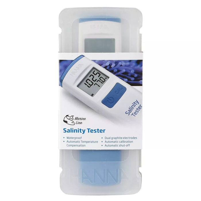 Hanna HI98319 Marine Salinity Tester display showing salinity and temperature in waterproof packaging.