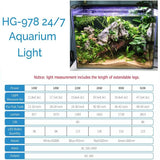 HG-978 24/7 Aquarium Light specifications including power, tank size, lumen, and LED bulb details for optimal aquatic illumination.
