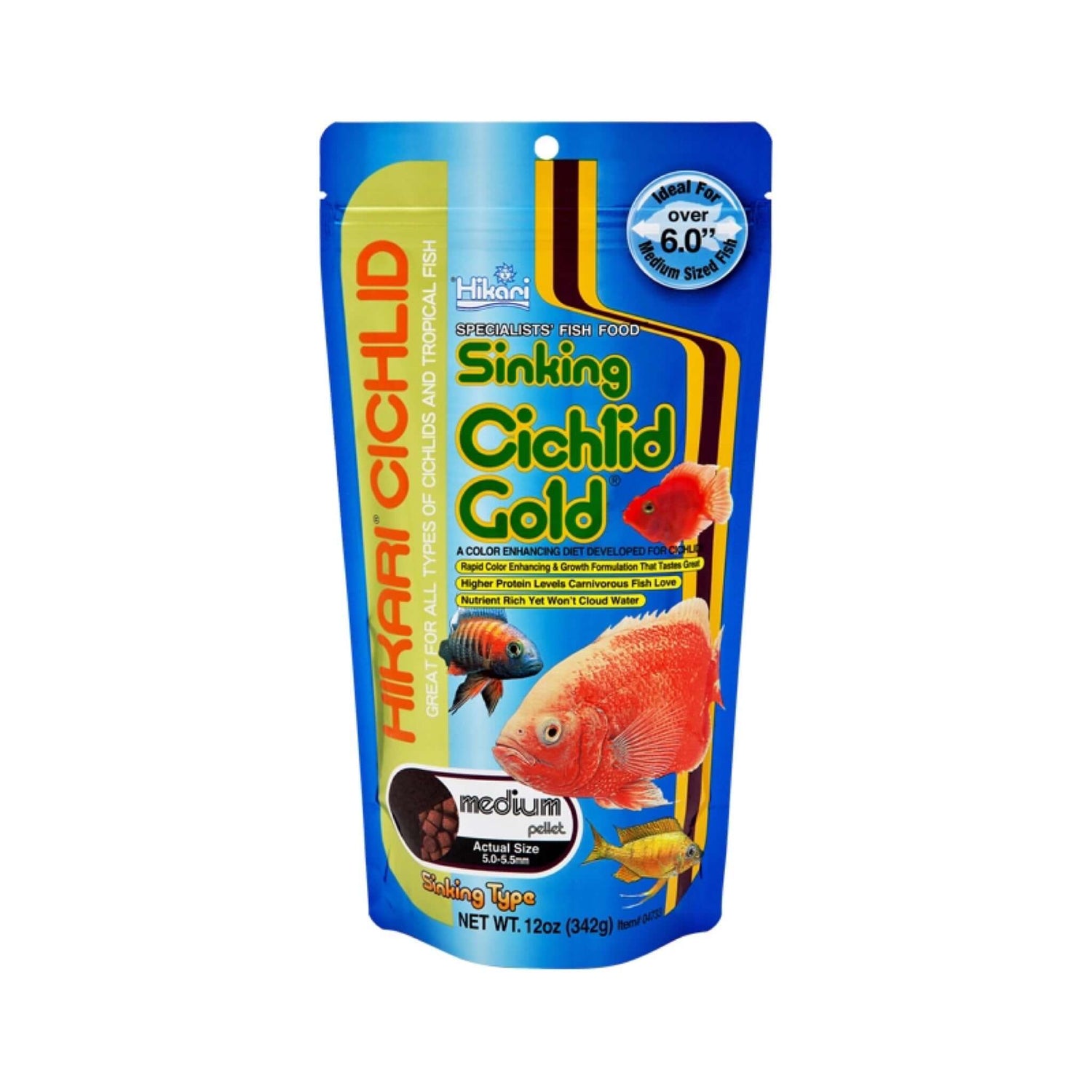 Hikari Cichlid Gold Sinking fish food packaging designed for enhancing color in cichlids and larger tropical fish.
