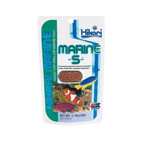 Hikari Marine S 50g fish food packaging for smaller marine fish, promoting growth, coloration, and nutrition with high-level proteins.