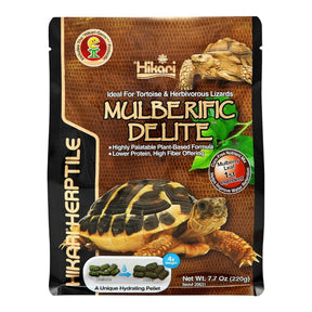 Hikari Mulberific Delite Tortoise Food bag featuring nutritional formula for healthy tortoise diets and moisture retention.