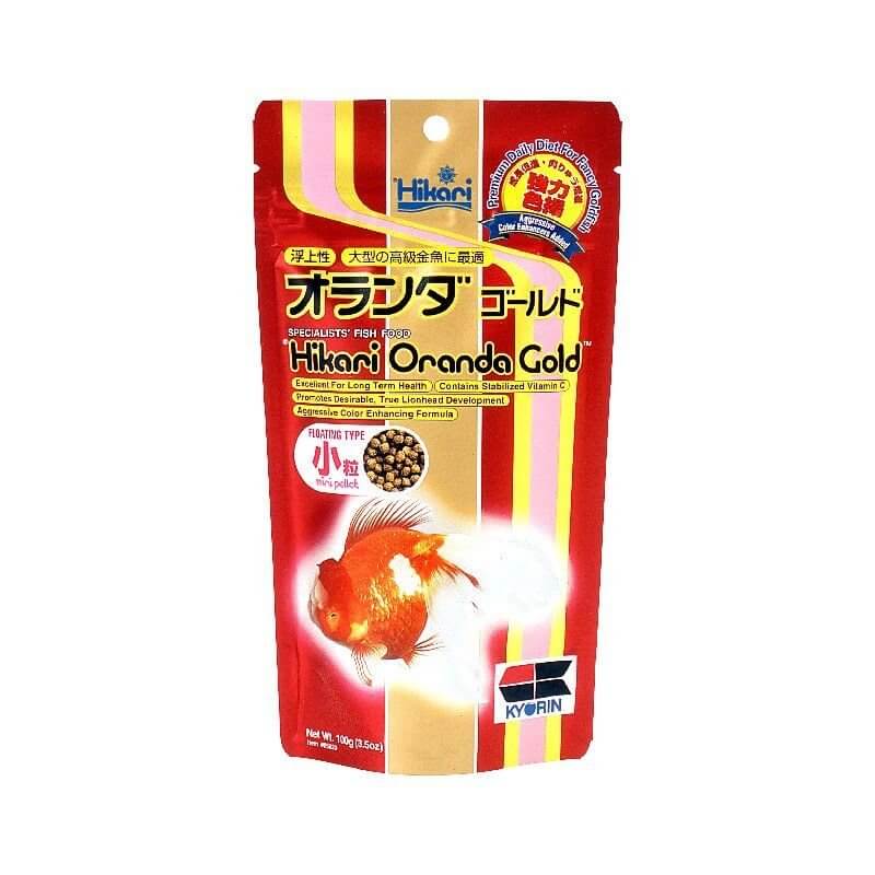 Hikari Oranda Gold Mini fish food package for enhanced growth and coloration in fancy goldfish.